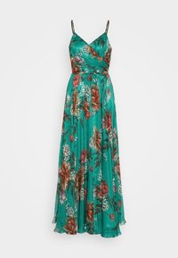 Maxi dress in teal fabric with a floral pattern featuring large red and white flowers. V-neckline and adjustable thin straps. Flowing skirt.