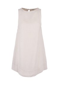 Vestito senza maniche in lino di un beige chiaro, caratterizzato da un colletto rotondo e una chiusura a chiave sul retro. Taglio dritto con orlo leggermente curvo.