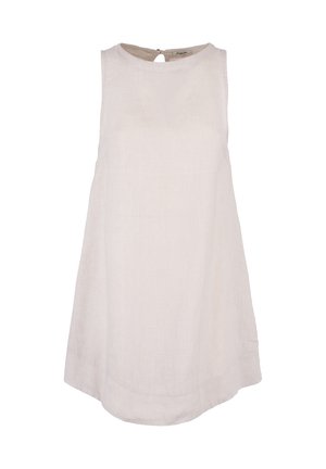 Vestito senza maniche in lino di un beige chiaro, caratterizzato da un colletto rotondo e una chiusura a chiave sul retro. Taglio dritto con orlo leggermente curvo.