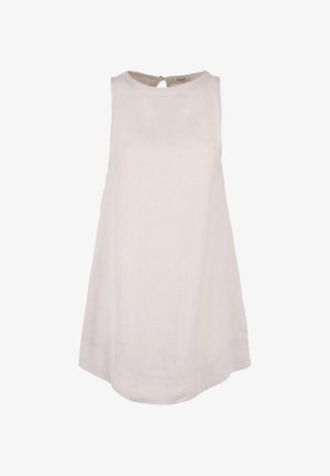 Vestito senza maniche in lino di un beige chiaro, caratterizzato da un colletto rotondo e una chiusura a chiave sul retro. Taglio dritto con orlo leggermente curvo.