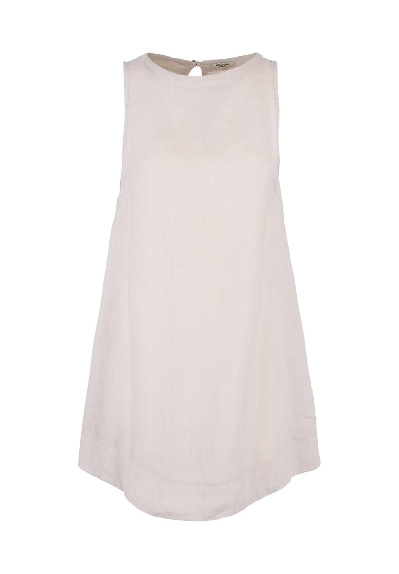 Vestito senza maniche in lino di un beige chiaro, caratterizzato da un colletto rotondo e una chiusura a chiave sul retro. Taglio dritto con orlo leggermente curvo.