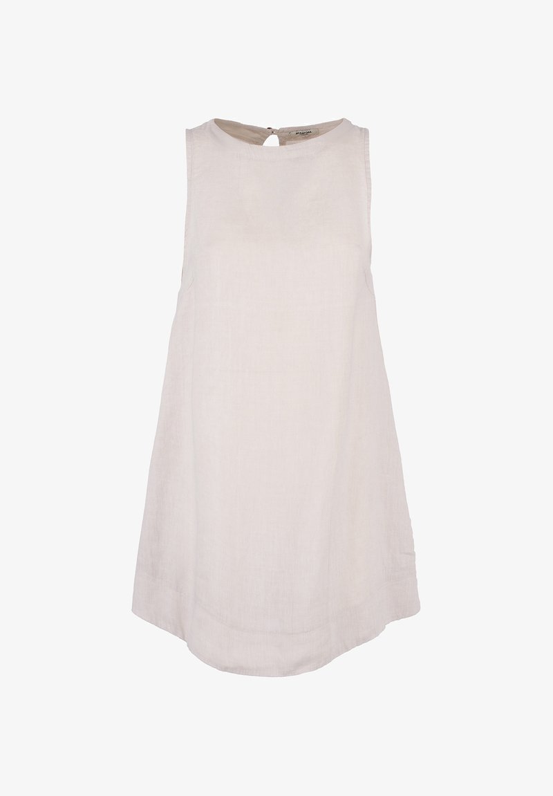 Linnen sleeveless jurk in lichtbeige, met een ronde halslijn en een sleutelgatsluiting aan de achterkant. Rechte snit met een licht gebogen zoom.