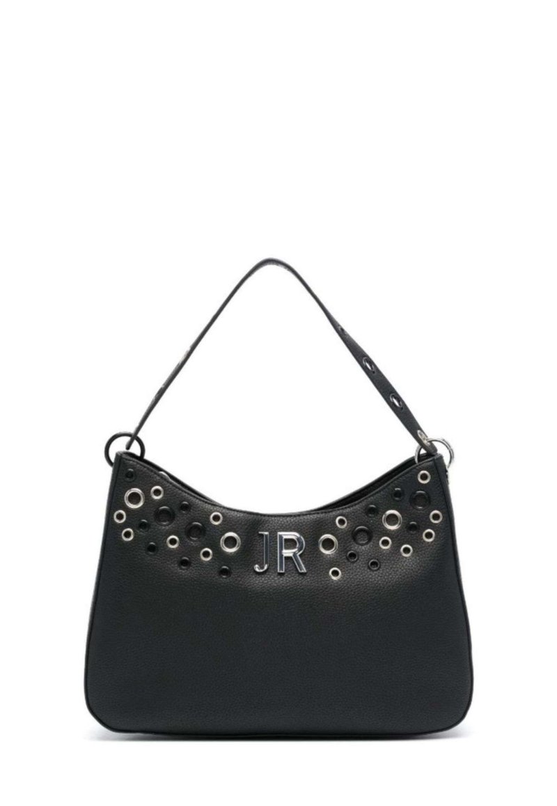 Borsa a tracolla in pelle nera con silhouette curva, dotata di occhielli metallici e delle lettere "JR" in argento, e tracolla removibile.