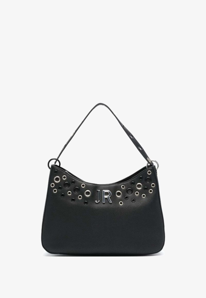 Borsa a tracolla in pelle nera con silhouette curva, dotata di occhielli metallici e delle lettere "JR" in argento, e tracolla removibile.