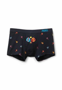 Bóxer negro con patrones de raquetas de pádel coloridas. Cuenta con una cinturilla elástica con el texto "PADEL" en azul. Tejido suave, diseño ajustado.