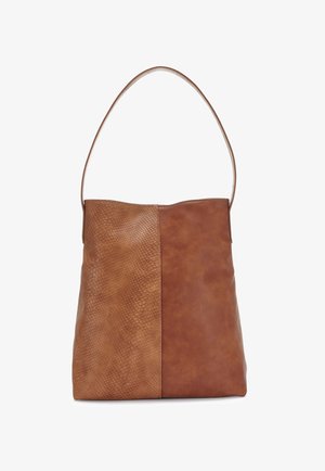 Brown leather tote bag featuring a textured snake-skin panel and a smooth leather section, with a long shoulder strap.