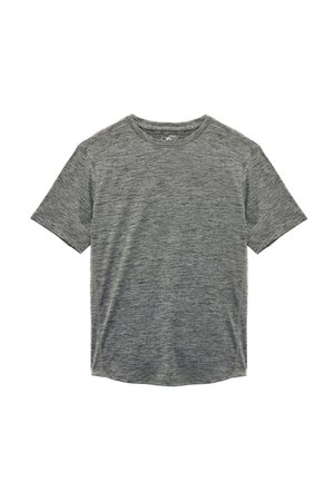 T-shirt grigio a maniche corte realizzato in un tessuto morbido e testurizzato con un sottile motivo mélange e un collo rotondo.