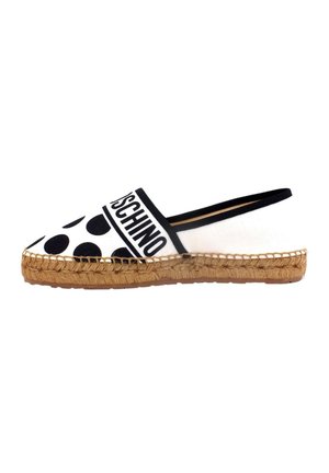 Hvid espadrille slip-on med sorte polkaprikker, sort kant og sål flettet af jute, med fed sort "MOSCHINO" tekst på overdelen.