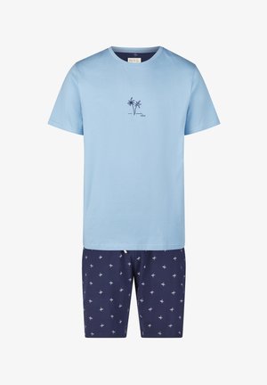 Light blue cotton t-shirt with short sleeves and palm tree graphic, paired with navy shorts featuring a white palm pattern, drawstring waist.