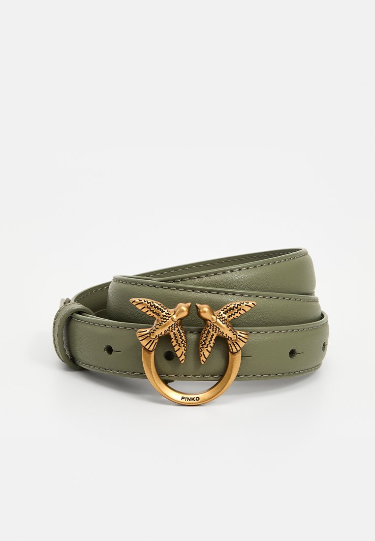 Olive green leather belt featuring a round gold-tone buckle with two bird designs, textured details, and multiple adjustment holes.