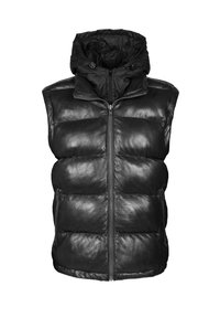 Chaleco acolchado negro sin mangas con cremallera frontal, paneles de cuero acolchados y una capucha ajustable adjunta con cordones.