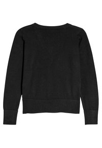 Schwarzer Strickpullover mit Rundhalsausschnitt, langen Ärmeln, gerippten Bündchen und Saum. Glatte Textur mit einfarbigem Finish.