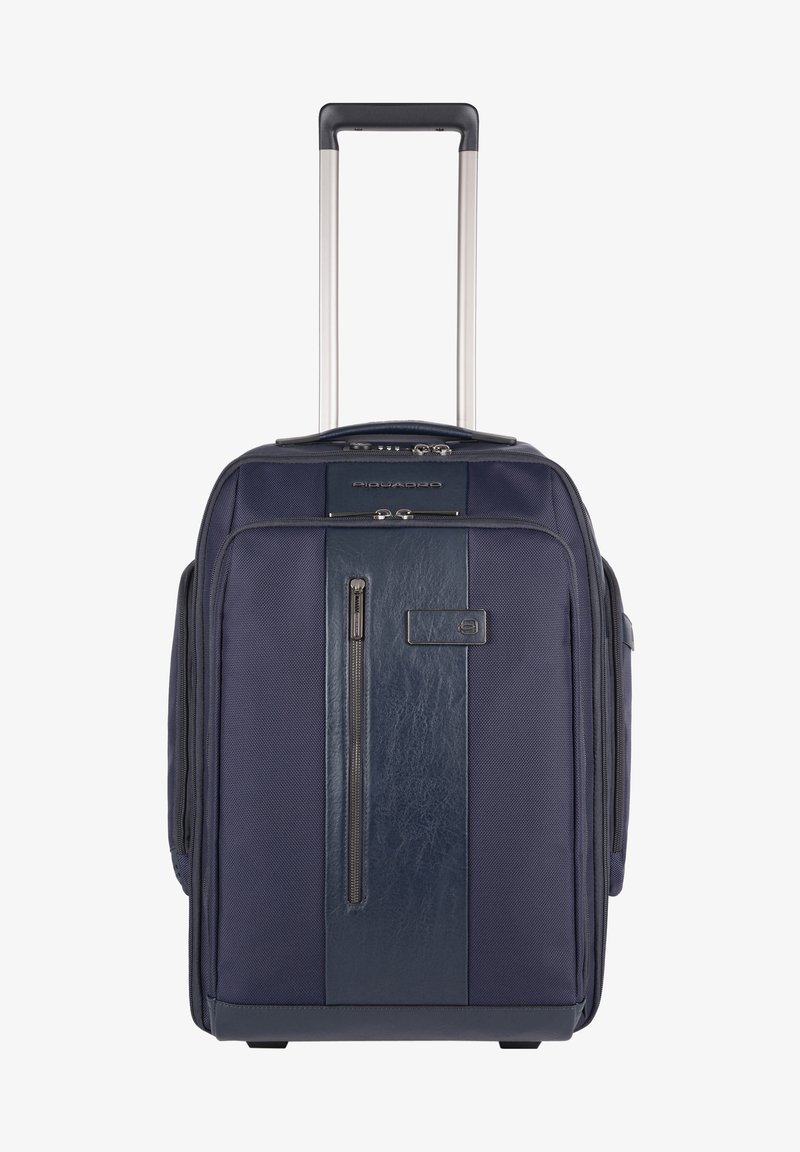 Borsa da viaggio a rotelle di colore navy, realizzata in tessuto resistente con una finitura testurizzata, dotata di un pannello in pelle a contrasto, doppi zip e manico estensibile.