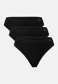 Tres pares de braguitas de algodón negro para mujer con una textura suave, cinturillas anchas y acentos sutiles del logo en la parte delantera.