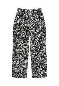 Randiga vida byxor i zebra-mönster i svart och vitt av bomullsblandning. Har hög midja, framfickor och knappstängning.