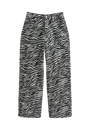 Randiga vida byxor i zebra-mönster i svart och vitt av bomullsblandning. Har hög midja, framfickor och knappstängning.