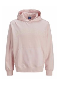 Lichtroze hoodie met een voorzak met kangoeroe, een groot reliëflogo "JACK&JONES" op de borst en een capuchon met koord.