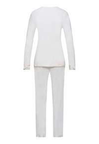 Conjunto de top de manga larga blanco y pantalones a juego. Hecho de una tela suave con un escote redondo. Presenta detalles de puño en los extremos de las mangas y el dobladillo.