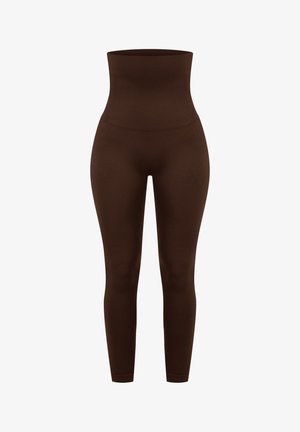Hochtaillierte, nahtlose Leggings in einem einfarbigen Dunkelbraun. Hergestellt aus einem glatten, dehnbaren Stoff mit einer angepassten Passform.