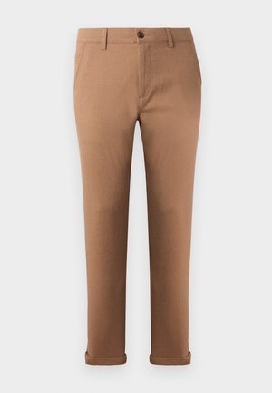 Bruine katoenen broek met een rechte pasvorm, voorzien van een sluiting met een knoop aan de voorkant, riemlussen en opgerolde manchetten aan de zoom.