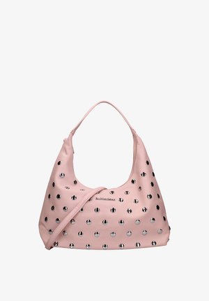 Borsa a mano in pelle rosa chiaro con forma arrotondata, borchie a cupola color argento, manico singolo superiore e una sottile tracolla che attraversa la parte anteriore.