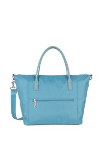 Borsa a tracolla di colore azzurro chiaro realizzata in nylon, dotata di due manici superiori, una tracolla rimovibile e una tasca con zip davanti. Texture liscia e design minimal.