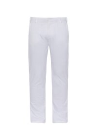 Pantaloni bianchi in cotone con design a gamba dritta, dotati di chiusura con bottone e zip, passanti per la cintura e senza motivi o decorazioni visibili.