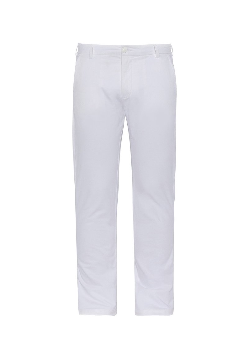 Pantaloni bianchi in cotone con design a gamba dritta, dotati di chiusura con bottone e zip, passanti per la cintura e senza motivi o decorazioni visibili.