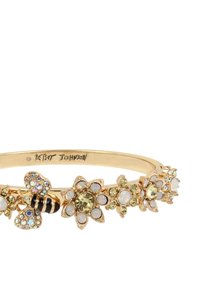 Bracciale rigido in tono dorato con design floreali e motivo ape, adornato da gemme multicolori e finiture lucide.
