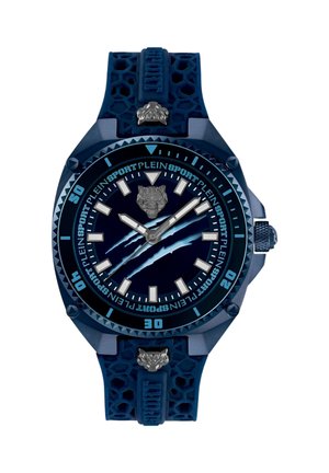 Orologio sportivo blu scuro con cinturino in silicone, dettagli testa di tigre in argento, lancette luminose e testo "Plein Sport" sul quadrante e sulla ghiera.