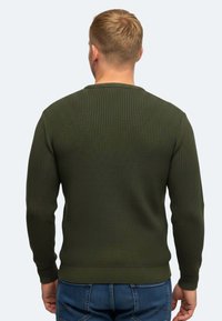 Olivgrüner Strickpullover mit strukturiertem Rippstrick. Mit Rundhalsausschnitt und eng sitzenden Bündchen, konzipiert für eine normale Passform.
