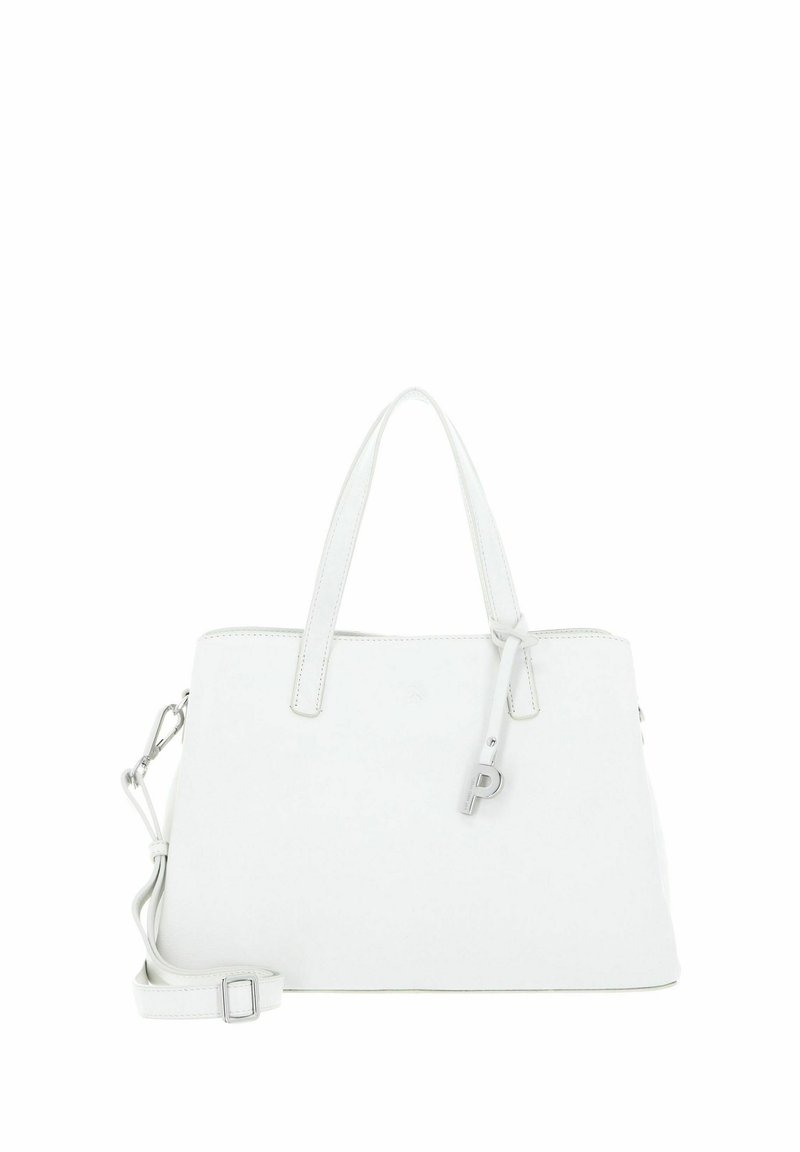 Sac à main en cuir blanc avec deux poignées, bandoulière réglable et un accent de porte-clés. Texture lisse, design minimaliste sans motifs.