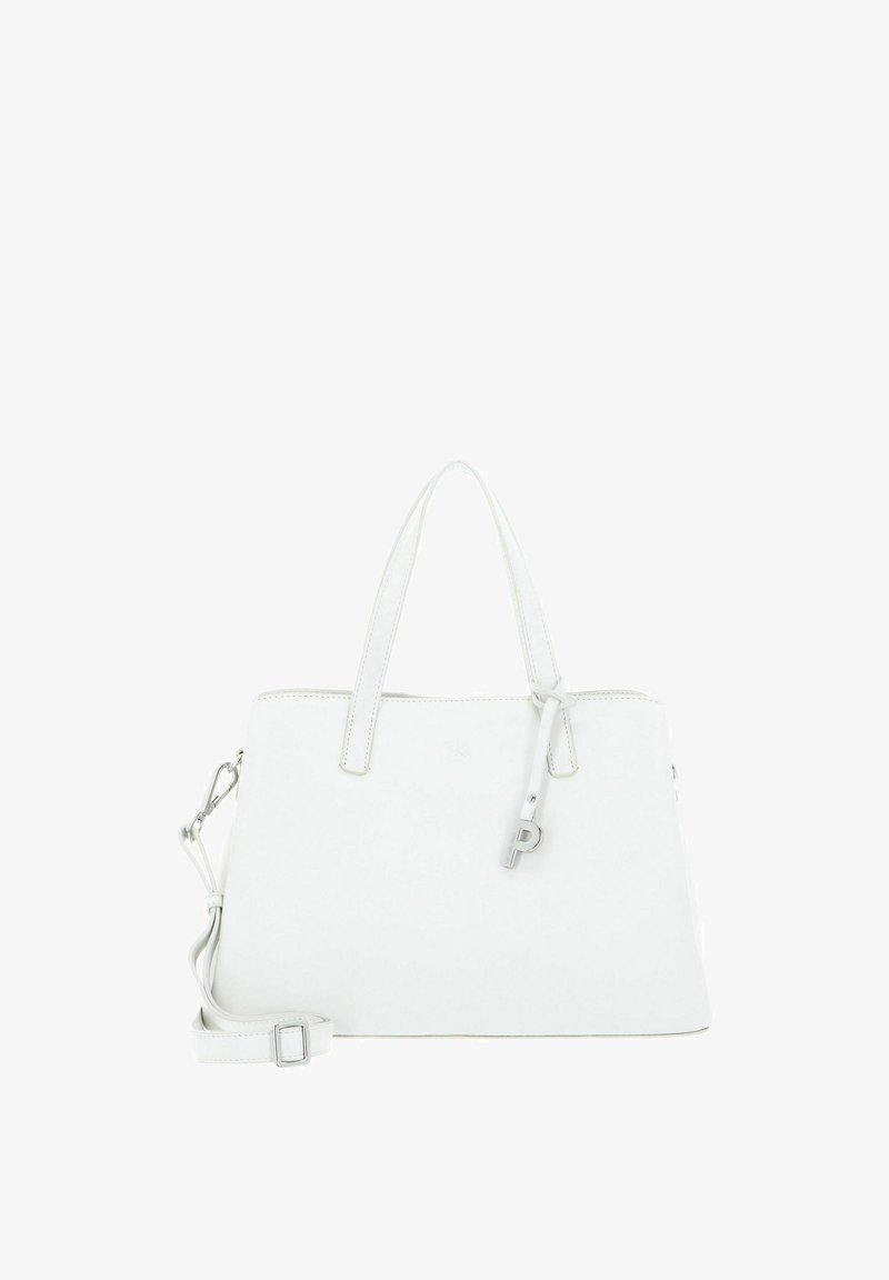 Sac à main en cuir blanc avec deux poignées, bandoulière réglable et un accent de porte-clés. Texture lisse, design minimaliste sans motifs.