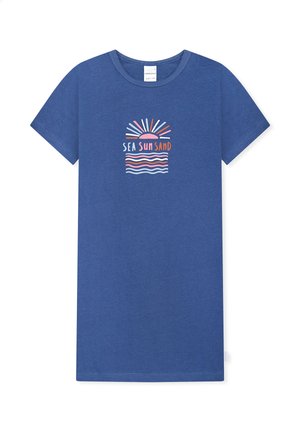 Blaues kurzärmeliges Kinder-T-Shirt mit einer Grafik von Sonne, Wellen und dem Text "SEA SUN SAND" in Weiß, Pink und Orange.