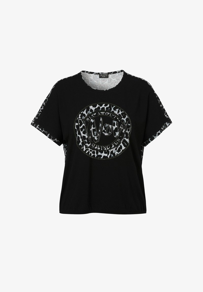 Black T-shirt with short sleeves, featuring a round graphic design that includes a silver "Wow" text and a leopard print accent on the sleeves.