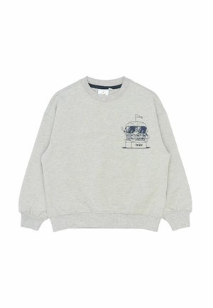 Light gray sweatshirt made of cotton blend, featuring a cartoon burger graphic in navy blue on the front. Ribbed neckline and cuffs.