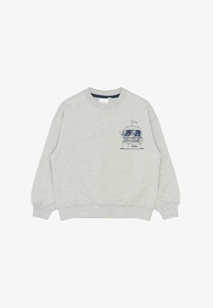 Sweatshirt gris clair en mélange de coton, présentant un graphique de hamburger en cartoon bleu marine sur le devant. Col et poignets côtelés.