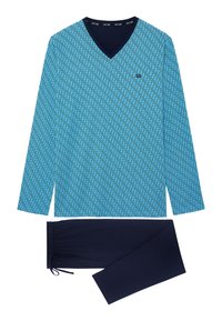 Long-sleeve blue shirt with a wave pattern, featuring a V-neckline, paired with navy blue drawstring pants in a smooth fabric.