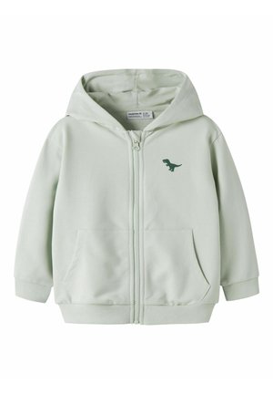 Lysegrøn hættetrøje med lynlås foran, frontlommer, hætte og en lille mørkegrøn dinosaur grafik på venstre bryst.