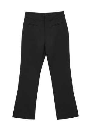 Pantaloni neri con un design a gamba dritta, realizzati in tessuto liscio; presentano due tasche frontali e nessun abbellimento visibile.