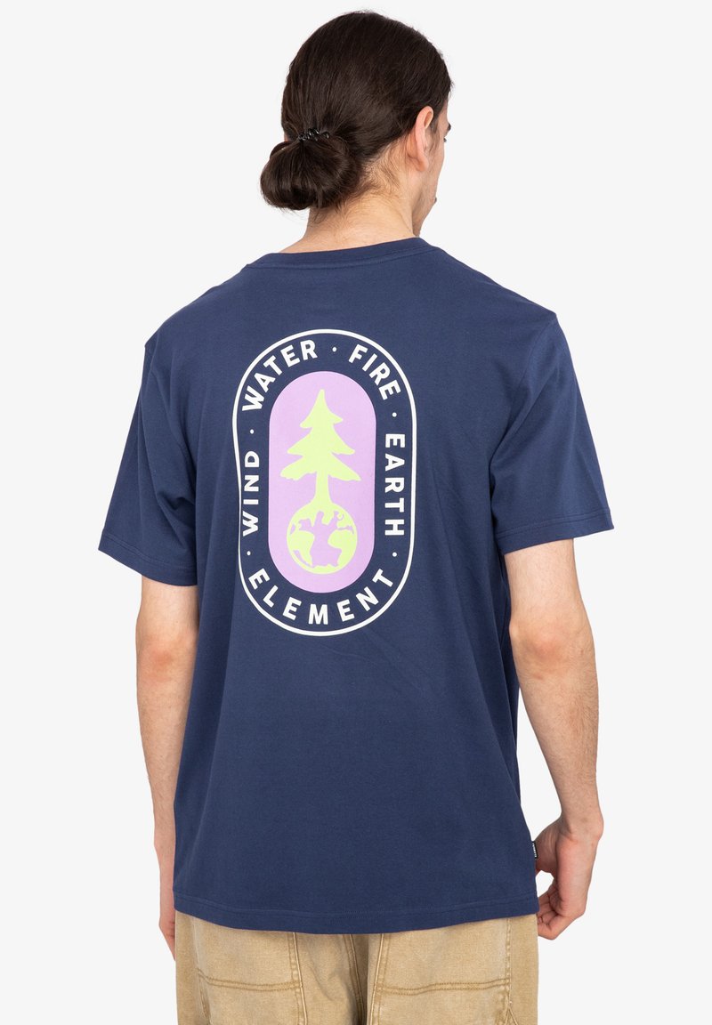 Navy blue cotton t-shirt featuring a large back graphic with a tree and globe, surrounded by the words "WATER, FIRE, EARTH, WIND, ELEMENT."