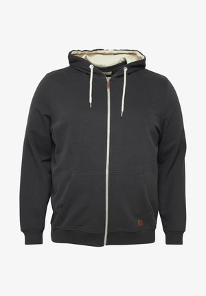 Donkergrijze zip-up hoodie van zacht materiaal, met een gevoerde capuchon, twee voorkruiszakken en witte trekkoorden.