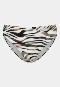 Zebra mintázatú bikini alsó fekete, fehér és bézs hullámokkal. Puha, rugalmas anyagból készült, mérsékelten kivágott és varrás nélküli élekkel.