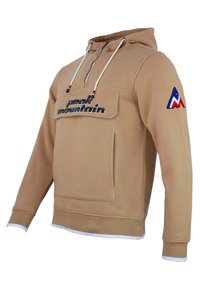 Felpa con cappuccio beige con tasca frontale, cappuccio regolabile con lacci e patch ricamato. Presenta cuciture a contrasto e polsini e orlo a costine.