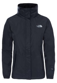 Chubasquero negro de cuello alto de North Face, impermeable, con cremallera frontal, bolsillos laterales y puños elásticos, diseñado para actividades al aire libre.