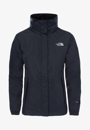 Giacca impermeabile nera North Face con colletto alto, zip frontale, tasche laterali e polsini elasticizzati, progettata per l'uso all'aperto.
