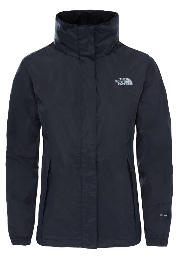 Chubasquero negro de cuello alto de North Face, impermeable, con cremallera frontal, bolsillos laterales y puños elásticos, diseñado para actividades al aire libre.