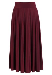 Bordeaux geplooide maxi-rok van zachte stof met een brede elastische tailleband. Vloeiend ontwerp met lange lengte en gelijkmatige plooien over de gehele rok.