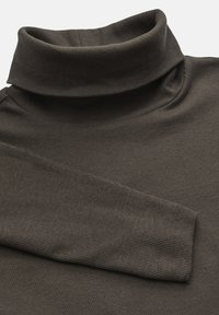 Brown ribbed turtleneck sweater featuring long sleeves and a high, foldable neck. The texture is soft and stretchy.