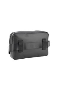 Borsa cosmetica rettangolare nera realizzata in materiale sintetico liscio, dotata di due manici in tessuto e chiusura con zip, caratterizzata da un design minimal.